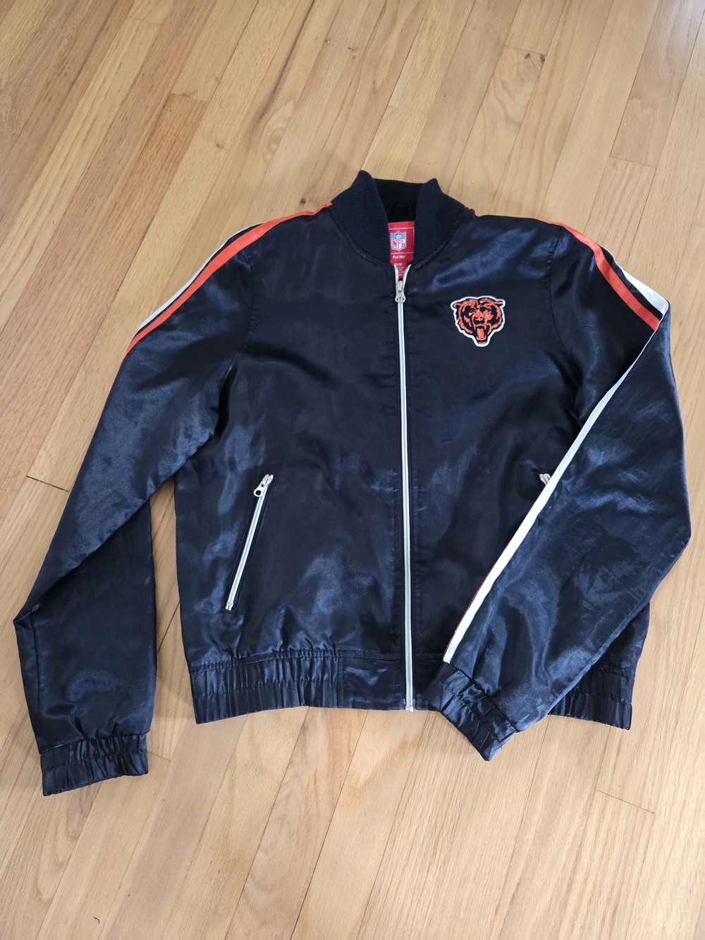 NFL Black Satin Bomber Jacket with Orange and White Accents CHICAGO BEARS